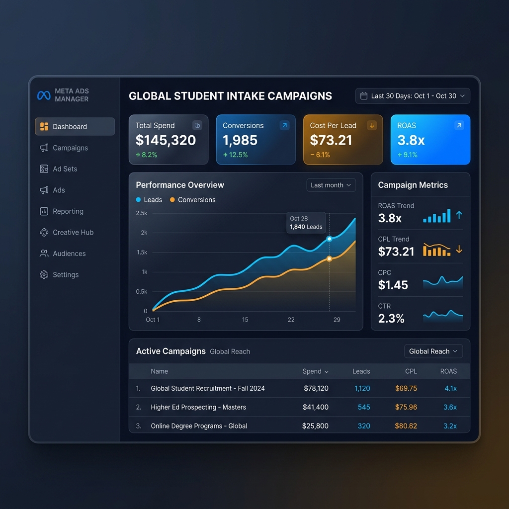 Meta Ads Manager dashboard tracking global student intake campaigns