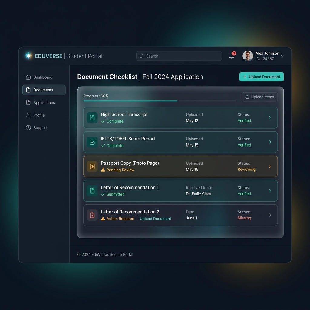Student facing portal dashboard showing secure checklist for global academic documents
