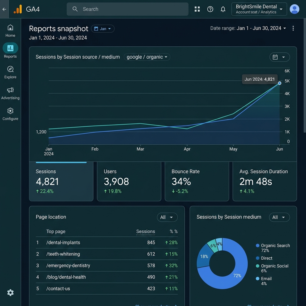 Google Analytics 4 dashboard showing dental clinic organic traffic growth