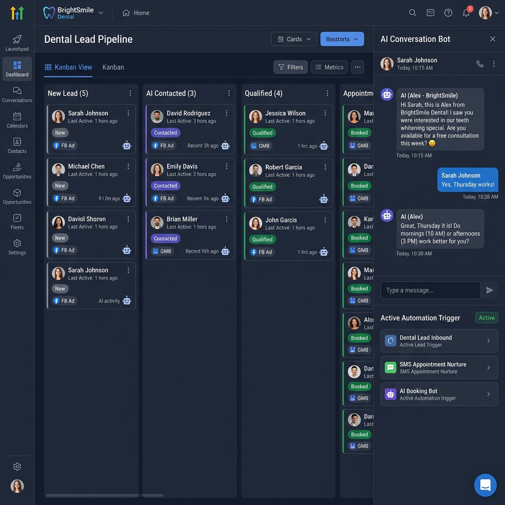 GoHighLevel CRM kanban pipeline with AI conversation bot for dental lead automation
