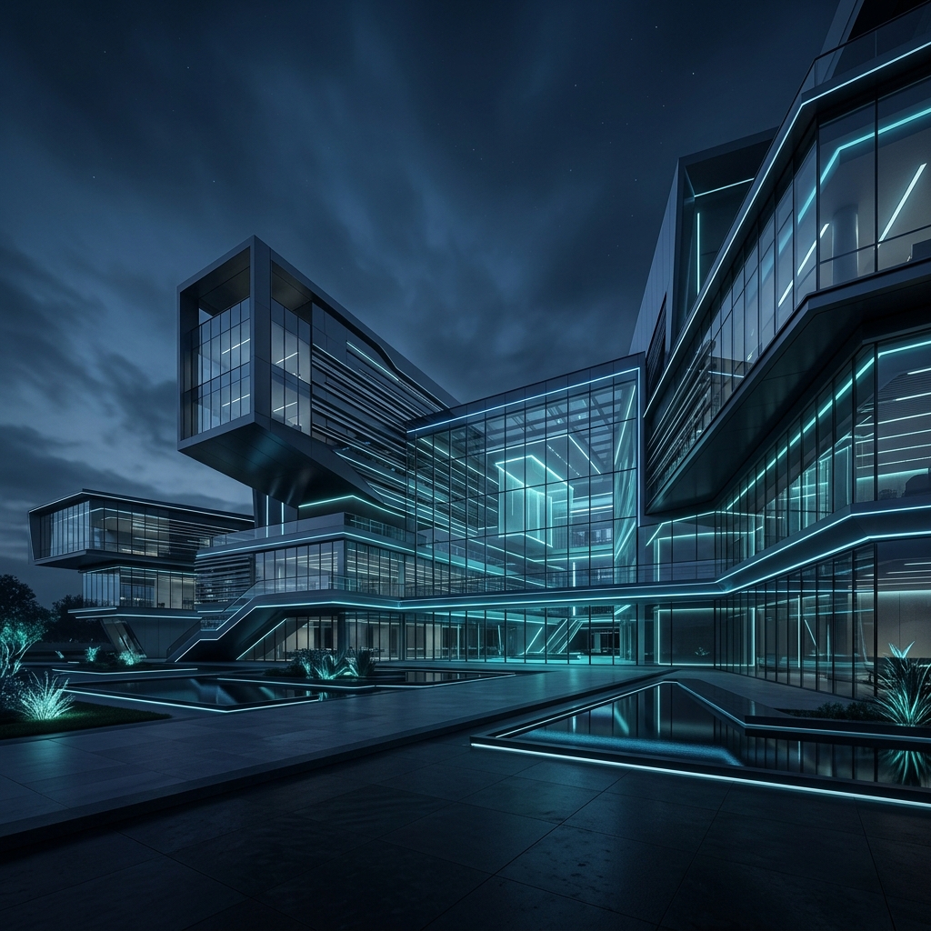 Abstract dark architectural rendering of a modern tech campus with neon cyan accents