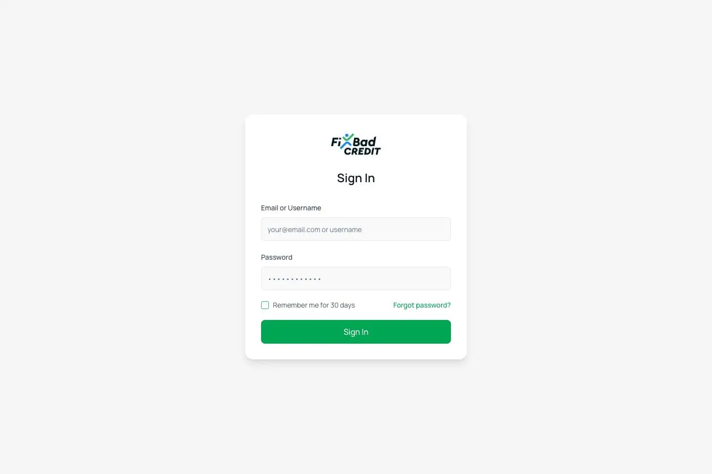 Fix Bad Credit CRM: Public sign-in screen; private CRM data is not shown.