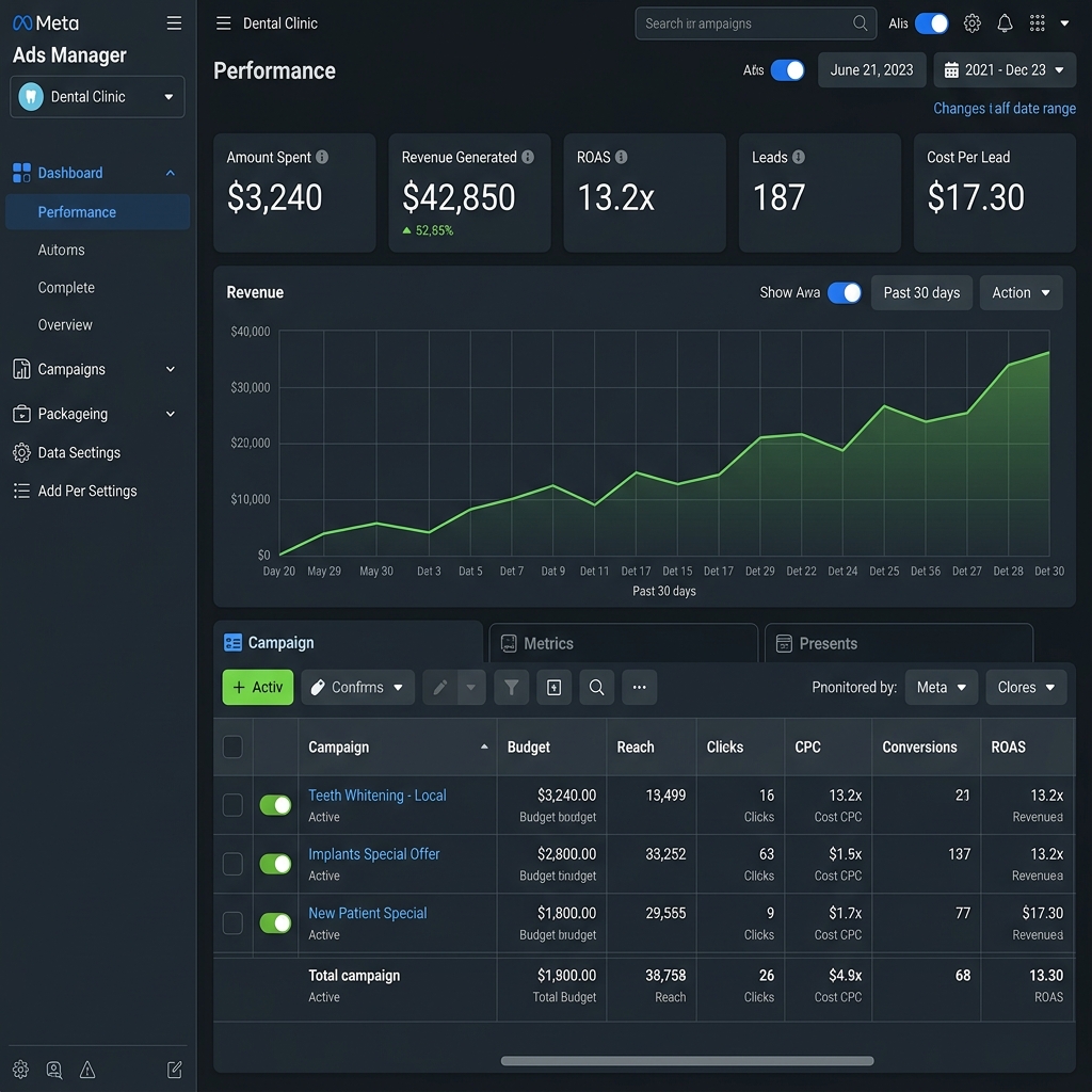 Meta Ads Manager dashboard showing dental clinic campaign performance with $42,850 revenue and 13.2x ROAS
